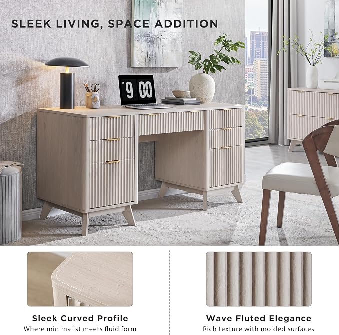 T4TREAM Fluted Executive Desk with Drawers, 60" Modern Home Office Computer Desk with Charging Station, File Cabinet, Keyboard Tray and Storage Cabinet for Study, Living Room, Bedroom, Alder White