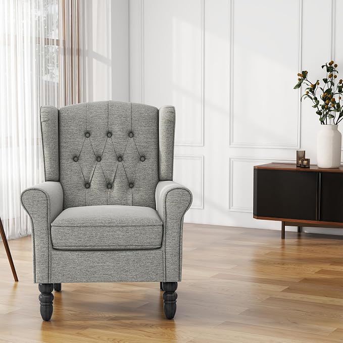 High Back Accent Chair, Fabric Upholstered Armchair Retro Wingback Arm Chair for Living Room, Comfy Single Sofa Bedroom Reading Seat with Solid Wood Legs - Light Gray