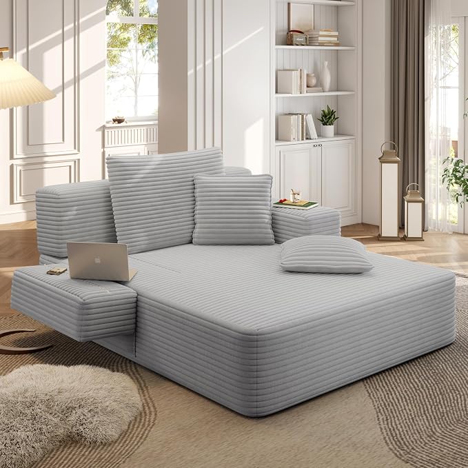 48.5" Oversized Chaise Lounge Chair Indoor, 3-in-1 Convertible Sleeper Sofa Bed, Plush Corduroy Boneless Chaise with 3 Pillows & Side Pockets, Adjustable Back/Armrest for Living Room - Light Grey