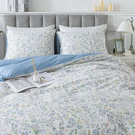 HoneiLife Cotton Duvet Cover King - Floral Comforter Cover 3-PC, Flower Bedlinen Set with Zipper Closure & Corner Ties, Wildflower Comforter Cover Sets All Season Use