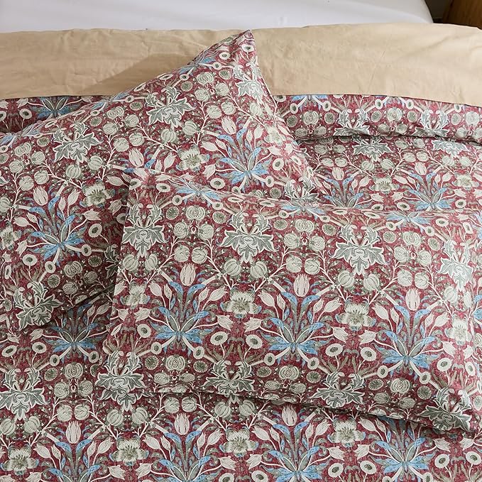 Cozeline 100% Cotton Duvet Cover Queen Size, Red Paisley Print Bedding Set with Zipper Closure, 3 Pcs Breathable and Luxury Duvet Cover for All Season