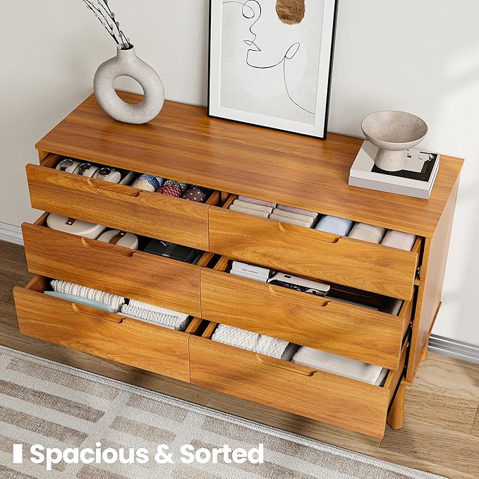47" Wide Wooden Dresser for Bedroom, Mid-Century Modern 6 Drawer Double Dresser with Walnut Wood Grain, Large Horizontal Storage Chest for Living Room, Anti-Tip Kit, Caramel