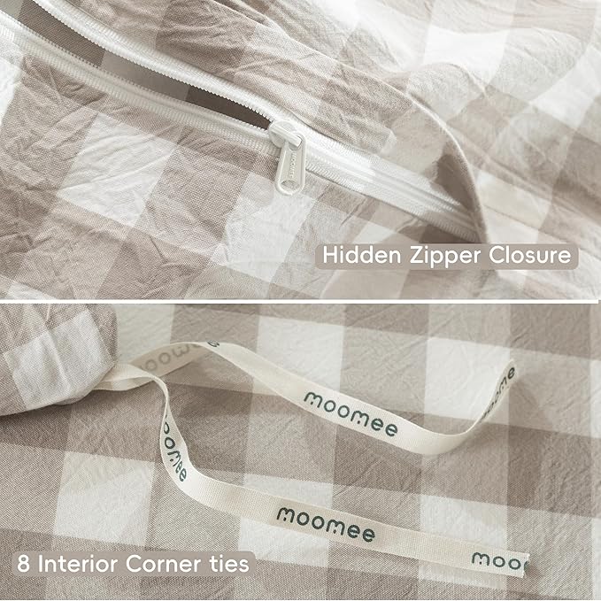 MooMee Gingham Duvet Cover Set 100% Washed Cotton Linen Like Textured Breathable Durable Soft Comfy Modern Checkered Design (Buffalo Plaid Tannish Linen Grey, King 104"x90")