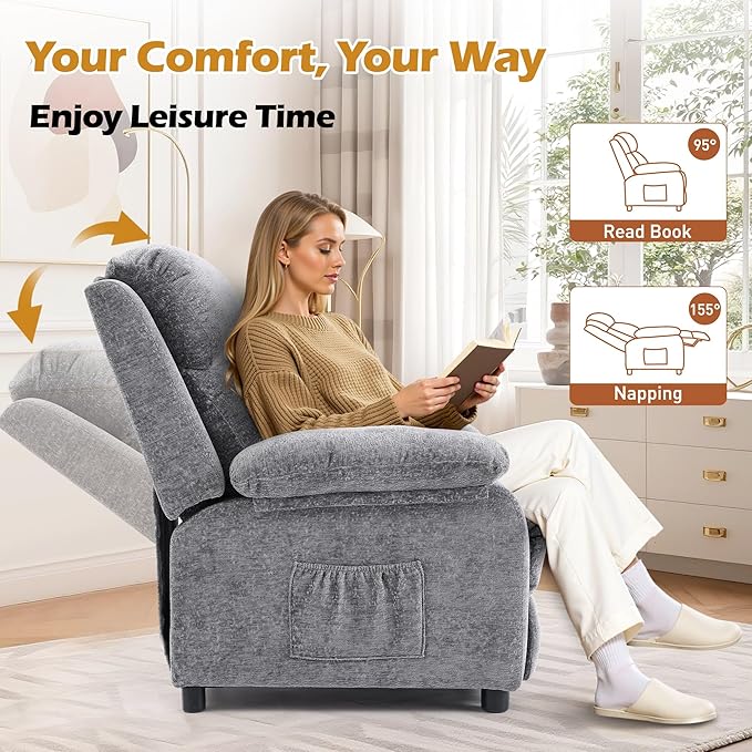 Korser Recliner Chair, Living Room Chairs for Adults, Padded Deep Seat Reading Chair with Side Pockets, Small Recliners for Small Spaces, Lounge Chair for Living Room, Bedroom, and RV (Chenille)