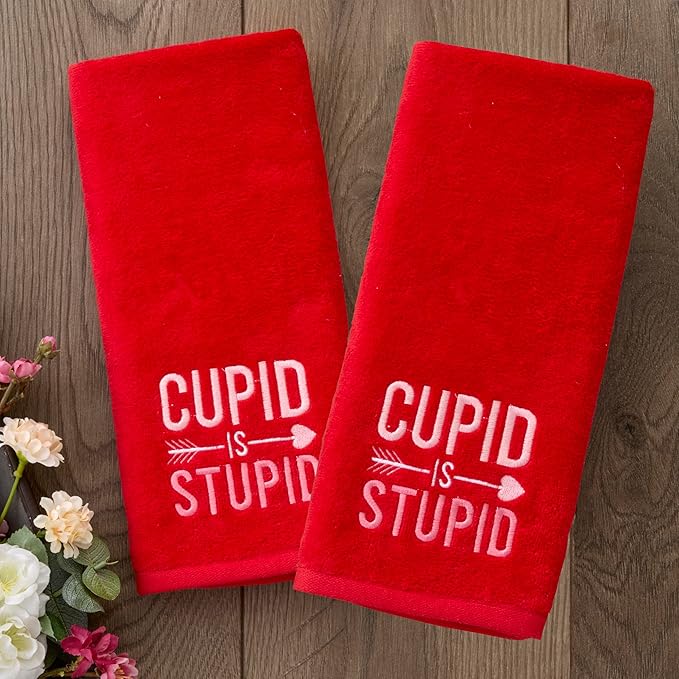 SKL Home Valentine's Day Cupid is Stupid 100% Cotton Embroidered 2pc Hand Towel Set, Decorative for Bath/Kitchen/Bar & Gift, Red