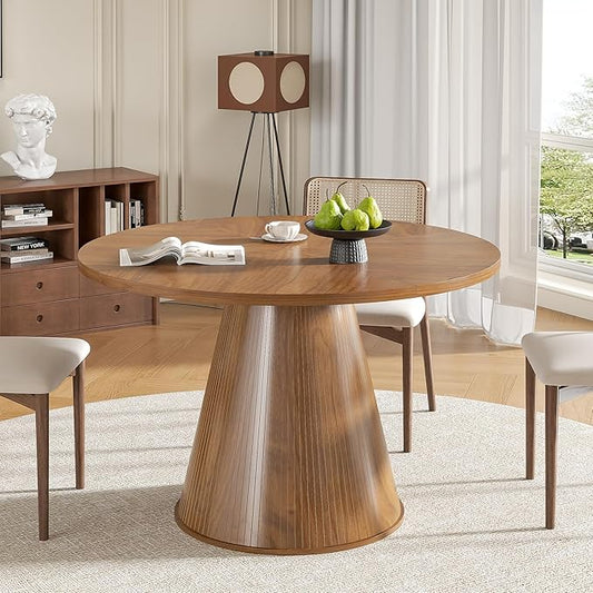 Round Dining Table for 4, Farmhouse Fluted Dining Kitchen Table, 47 Inch Modern Wood Small Circle Dining Table for Kitchen Living Room (Walnut, 47inch)