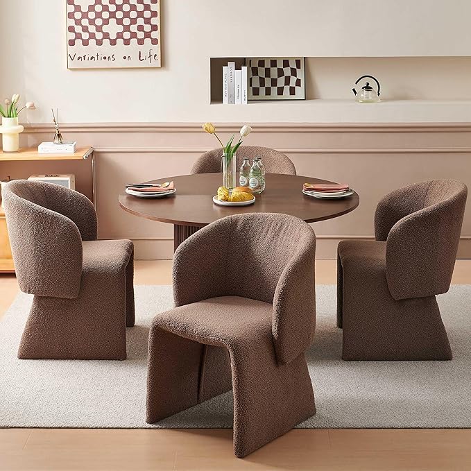NORDICANA 5-Piece Round Dining Table Set for 4, Rustic 47-Inch Kitchen Table and Chair Set, Dining Set with Brown Upholstered Armchairs, Manufactured Wood Top with Walnut Veneer