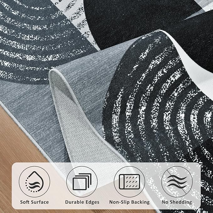 Merelax 5x8 Area Rug for Bedroom Livingroom - Washable Non-Slip Large Area Rug, Indoor Floor Carpet Low Pile Soft Rug for Dining Room, Mudroom, Modern Aesthetic Abstract Geometric Decor, Black/Grey