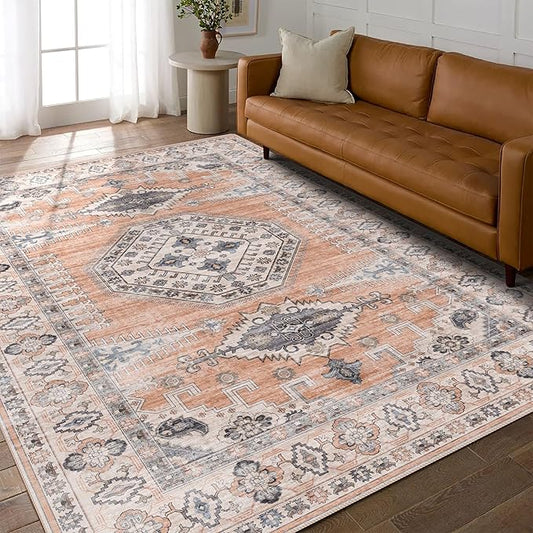 vivorug 5x7 Area Rugs - Ultra-Thin Washable Rug with Non-Slip Backing, Ideal for Living Room, Bedroom, Dining Room Indoor - Vintage Medallion, Easy Clean, Durable, Low Pile Rug Orange