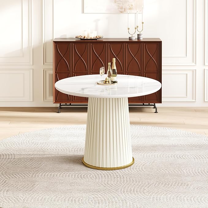 35.43" Round Dining Table for 2, Modern Sintered Stone Top Wood Circle Kitchen Table with PU Leather Iron Pedestal for Dining Room Kitchen, Dinner Living Room, Restaurant White