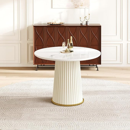 35.43" Round Dining Table for 2, Modern Sintered Stone Top Wood Circle Kitchen Table with PU Leather Iron Pedestal for Dining Room Kitchen, Dinner Living Room, Restaurant White
