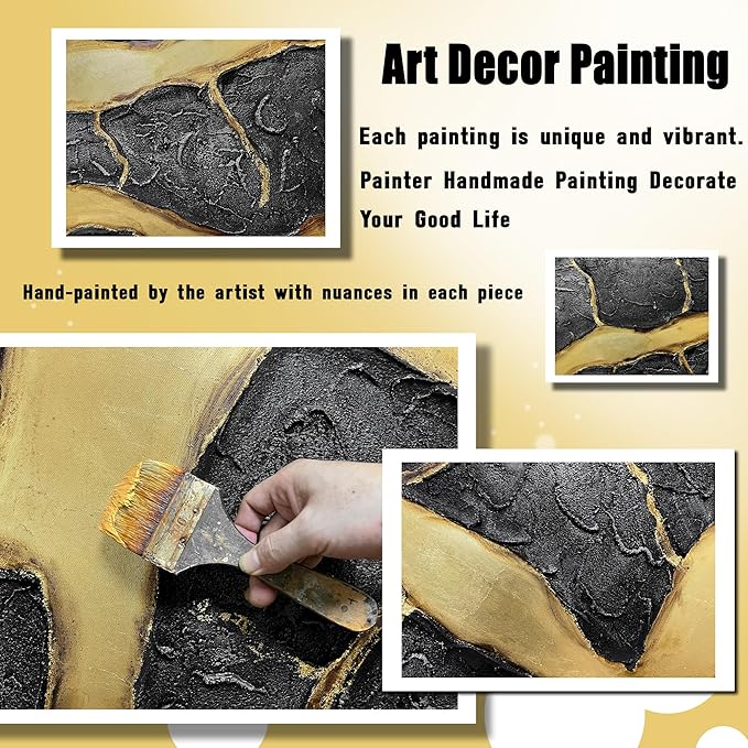 DNIEOTU Hand Painted Abstract Wall Art for Living Room, Black and Gold Canvas Wall-Decor for Bedroom, 3D Textured Paintings for Hallway Office, Large Size 72 x 36 Inches