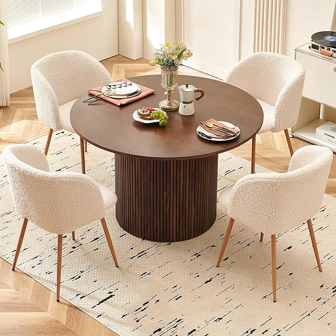 5 Piece 47-inch Round Dining Table Set for 4, Rustic Walnut Dinner Table with Upholstered Sherpa Dining Room Chairs Set, Engineered Wood Kitchen Table with Wood Strips Base