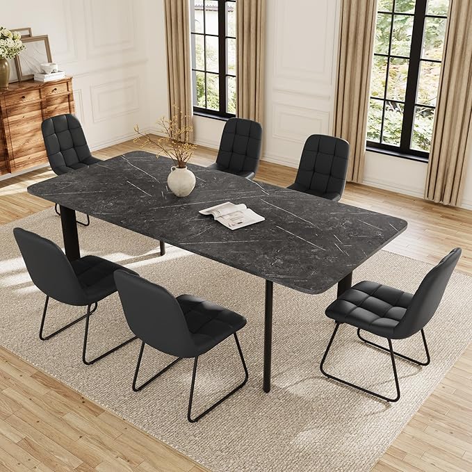 Extendable Dining Table Set for 6-8 People, 63 to 78.7 Inch MDF Kitchen Table with 6 Faux Leather Dining Chairs, Space-Saving for Dining Room, Breakfast Nook (Dark Grey Table & 6 Black Leather Chairs)