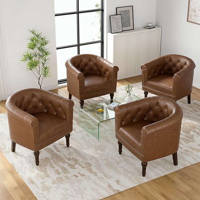 UIXE PU Leather Barrel Club Chairs Set of 4, Modern Arm Accnet Chair Comfy Upholstered Armchair, Nailhead Trim Living Room Single Sofa Reading Seat Bedroom Side Sitting for Office, Brown