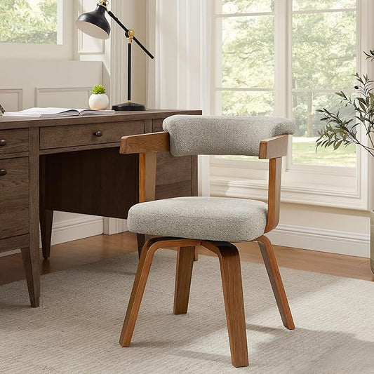 Art Leon Office Chair No Wheels - Mid Century Modern Desk Chair, Fabric Upholstered Accent Arm Chair with Wood Legs for Small Spaces Home Office Living Room Bedroom Study, Off White/Walnut