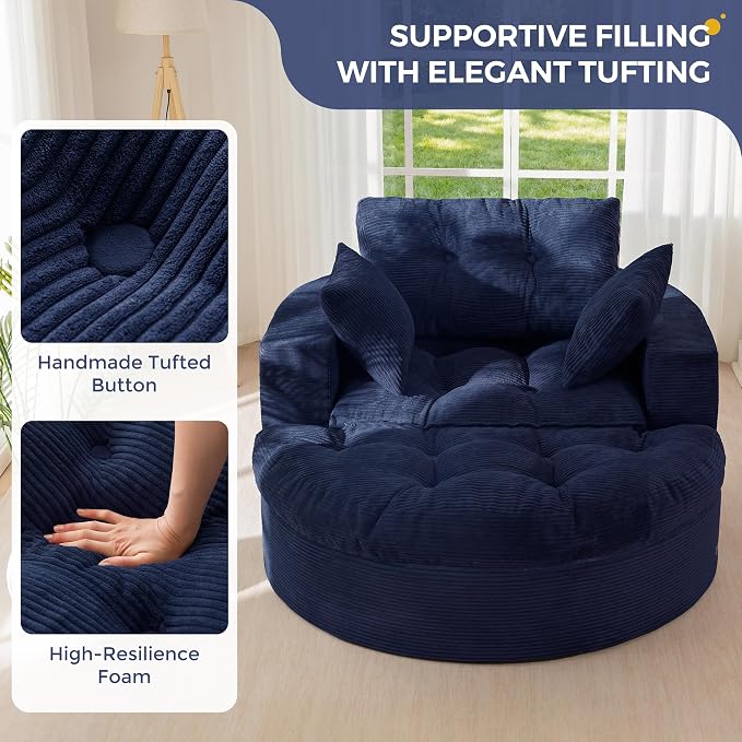 MAXYOYO Oversized Round Chaise Lounge Sofa, Upholstered Lounge Chair with 3 Pillows, Boneless Sofa Couch with Ottoman, Deep Seat Chair for Living Room, Bedroom, No Assembly, Navy