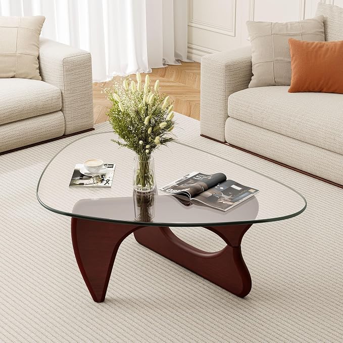 Modern Glass Coffee Table, Mid Century Triangle Coffee Table for Living Room Bedroom Reception Office Tables (Dark Walnut, Small (32.3"x22.8"x16.1"))
