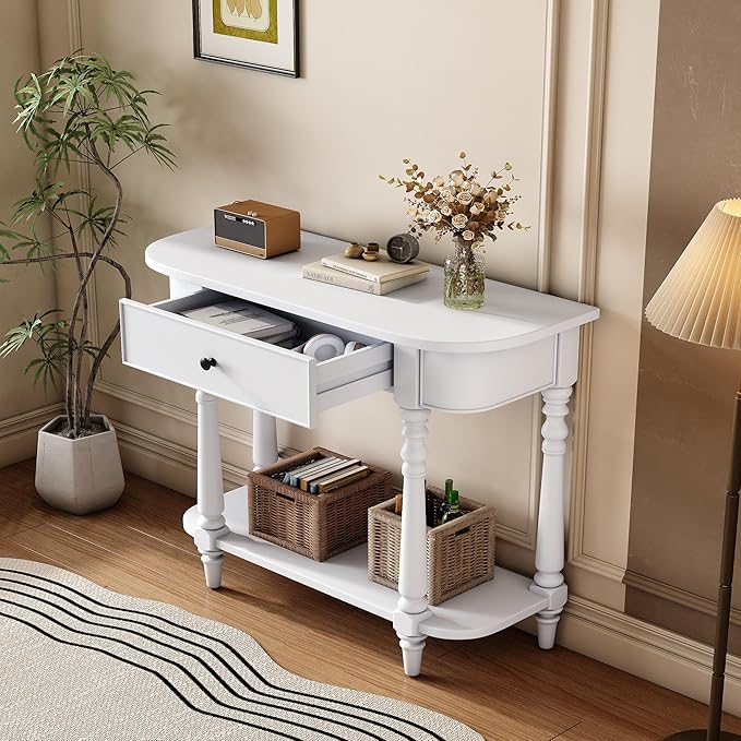 SOFTSEA Curved Corner Console Table with Drawer, 36" Entryway Table with Open Storage Shelf, Retro Curved Enterway Table with Storage, Save Space, White
