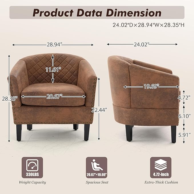 QQU Barrel Accent Chair, Retro PU Leather Club Chair with Nail-Heads, Upholstered Armchair for Living Room, Bedroom, Waiting, Office (Coffee)
