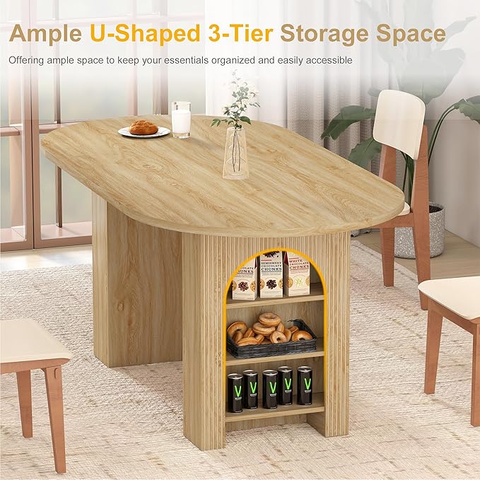 70.8" Oval Dining Table with Dual Side Storage Shelves, Wooden Table for 4–6 People, Modern Farmhouse Round Dinner Tables for Kitchen Living Room (Natural, Table Only)