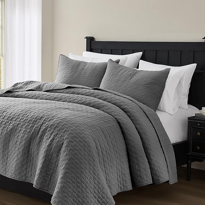 palassio Dark Grey 100% Cotton Quilt Twin Size Bedding Sets with 1 Pillow Sham, Textured Lightweight Soft Bedspread Shabby Chic Coverlet, Quilted Comforter Bed Cover for All Season, 2 Pieces