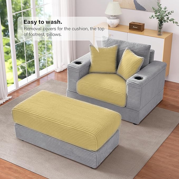 Oversized Chaise Lounge Chair Indoor with USB, Cup Holder & Ottoman, Firm Solid Wood Frame with Long Service Life Corduroy Oversized Lounge Reading Chair for Study Room - Grey