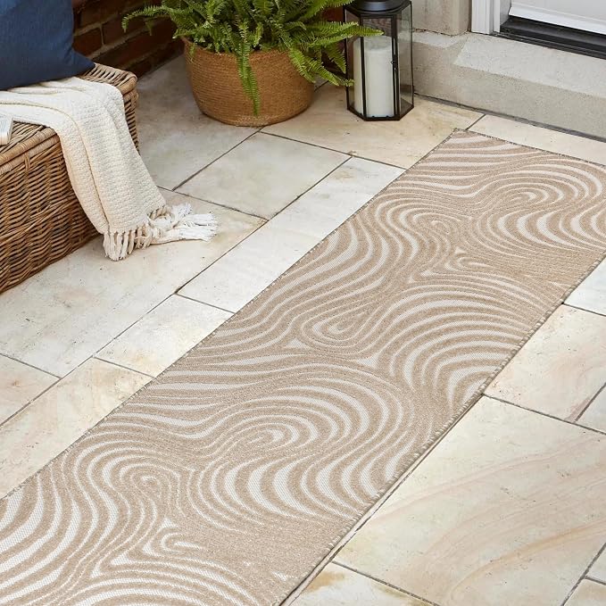 JONATHAN Y Maribo High-Low Abstract Striped Beige/Cream 2x8 Indoor/Outdoor Runner Rug for Patio, Backyard, Living Room, Bedroom, Office, Hose-Washable (SCN103D-28)