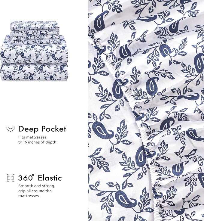 RUVANTI 100% Cotton Percale Sheets Queen Size 6 Piece Set, Cooling Bed Sheets for Hot Sleepers, Deep Pocket 16”, Breathable Lightweight & Durable, Crisp Hotel Style Sheets, Paisley Ornament