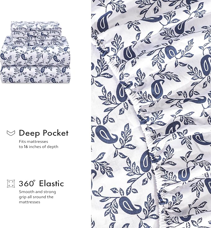RUVANTI 100% Cotton Percale Sheets Full Size 6 Piece Set, Cooling Bed Sheets for Hot Sleepers, Deep Pocket 16”, Breathable Lightweight & Durable, Crisp Hotel Style Sheets, Paisley Ornament