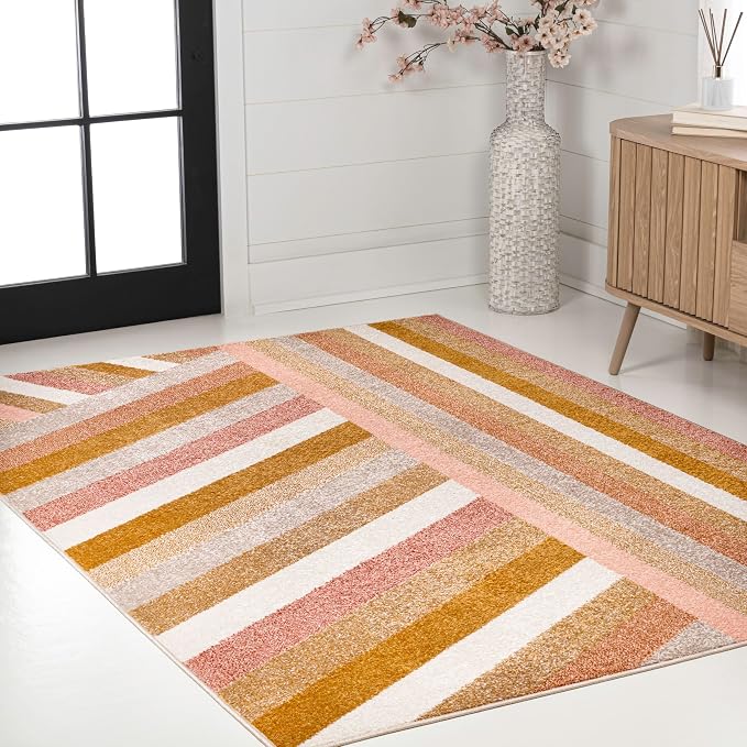 JONATHAN Y Retro Rainbow Stripe Indoor Area Rug 8x10, Red/Gold/Cream, Contemporary, Casual, Coastal, Easy-Cleaning for Living Room, Bedroom, Kitchen, Pet Friendly, Non-Shedding (DZC102C-8)