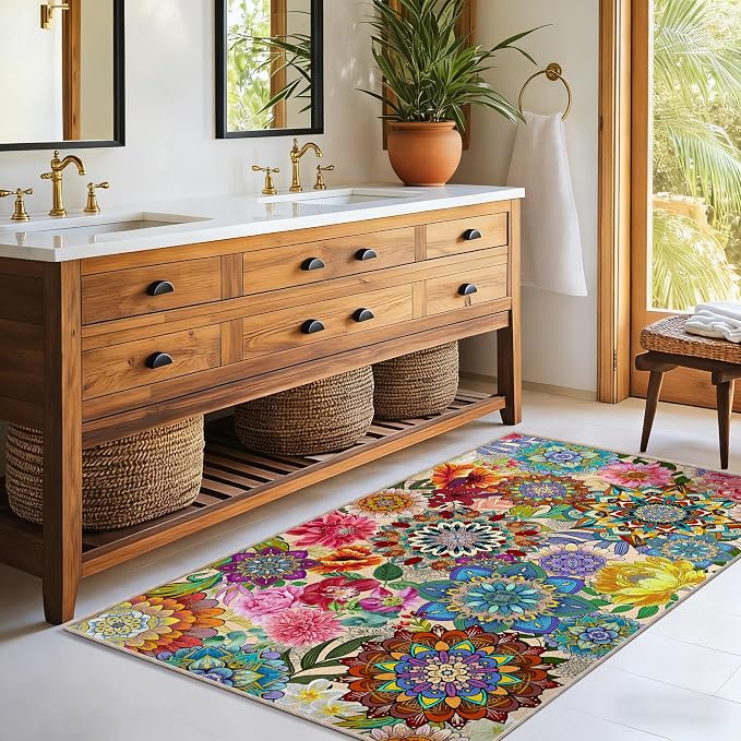 3'x5' Boho Floral Area Rugs for Entryway Kitchen Living Room Bedroom, Non-Slip Machine Washable Colorful Flower Entry Rugs Carpet Door Mat Indoor Entrance Aesthentic
