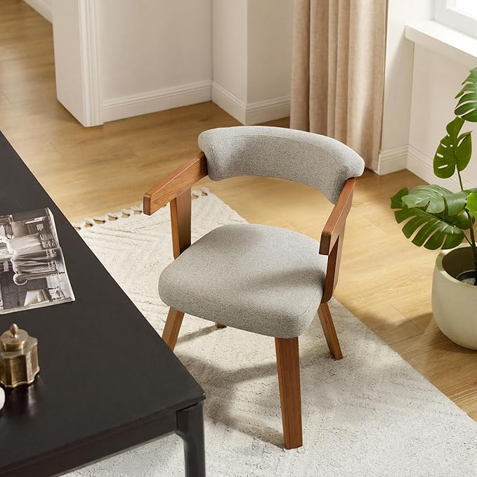 Art Leon Office Chair No Wheels - Mid Century Modern Desk Chair, Fabric Upholstered Accent Arm Chair with Wood Legs for Small Spaces Home Office Living Room Bedroom Study, Off White/Walnut