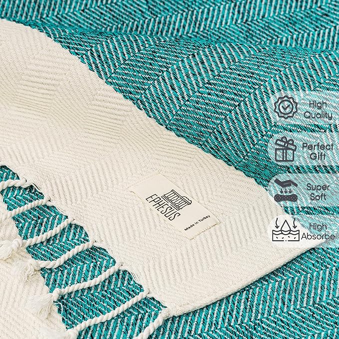 Hand Towels - Set of 2 | 18" x 30" - Decorative Turkish Hand Towel for Bathroom, Kitchen, Guest, Face, Hair, Tea, Dishcloth (Herringbone, Oil Green)