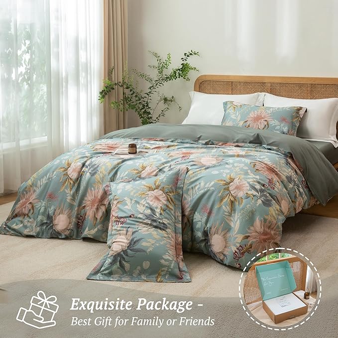MILDLY Full Size Duvet Cover Set 100% Long-Staple Cotton Luxury Vintage Floral Patten Reversible Comforter Cover Set 3Pcs