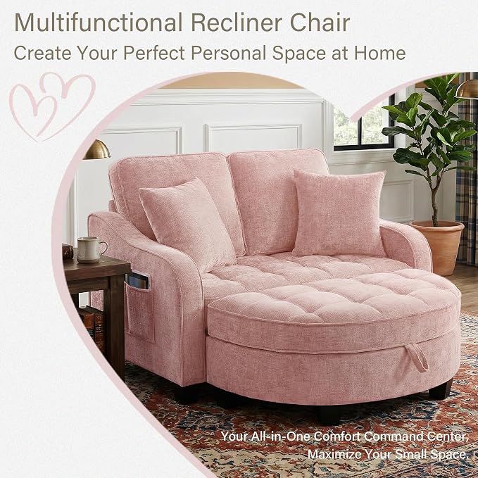 Round Chaise Lounge Chair with Storage Ottoman, Oversized Bubble Chair and a Half Featuring Adjustable Backrest, Plush Reading Accent Chair and Ottoman Set for Bedroom, Blush Pink