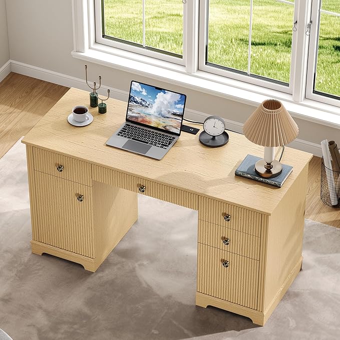 59" Modern Executive Desk with Drawers, Wood Home Office Computer Desk with Charging Station, 5 Drawers & 1 Cabinet, File Drawer, Fluted Computer Writing Desk for Study, Living Room, Bedroom, Oak