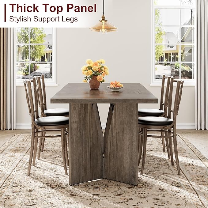 GarveeHome 70.9'' Rectangular Dining Table for 6-8, Wooden Thickened Long Desk, Farmhouse Kichen Table with Sturdy Frame and M-Shaped Legs, for Dining Room, Kitchen, Living Room, Office, Retro Brown