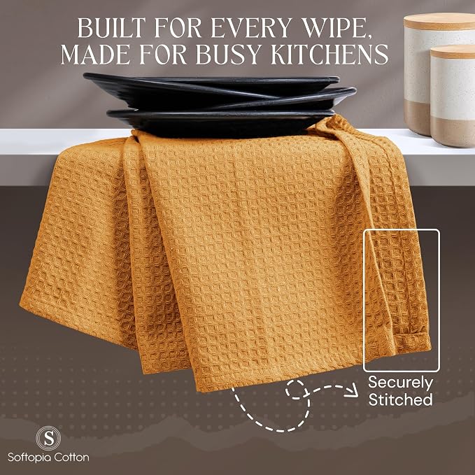 Mustard Yellow Waffle Kitchen Dish Towels 100% Cotton, Soft, Absorbent, Quick Drying, Multipurpose Use, Bar & Hand Towels, 16x26 Inches, Durable, Machine Washable, Reusable, Set of 4
