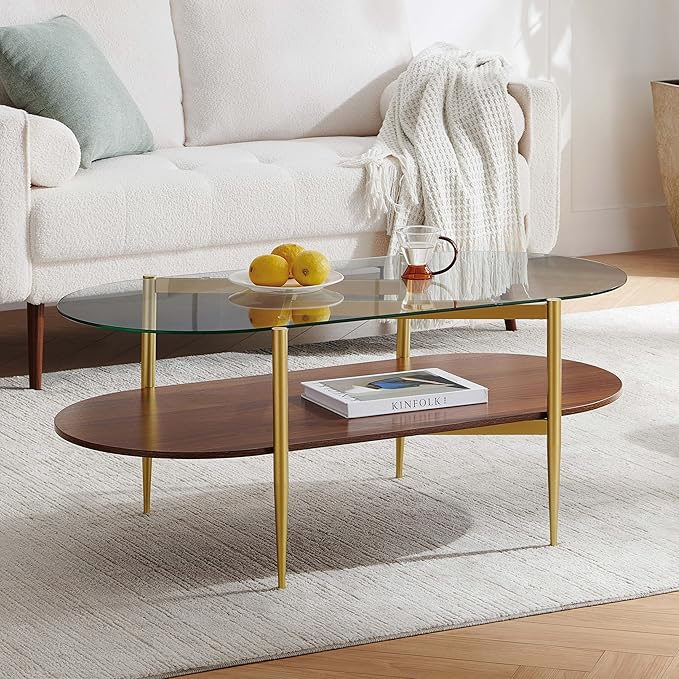 Oval Glass Coffee Table, Mid-Century Modern Design, L42*W22*H17 inch, for Living Room, Clear Glass Top and Walnut Finish Wood Shelf, Conical Metal Legs with Gold Finish