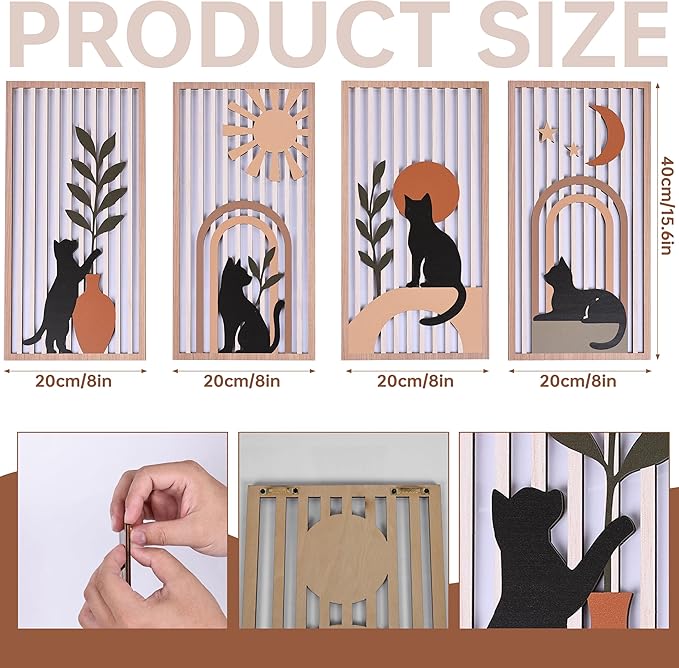 SHENGTIAN 4 Piece Unique Wall Art Set, Aesthetic Cat Art - Geometric Boho Wood Art, Black/Funny Cat Prints, Mid Century Modern Style, for Farmhouse/Office/Bedroom/Living Room, Narrow Vertical Design