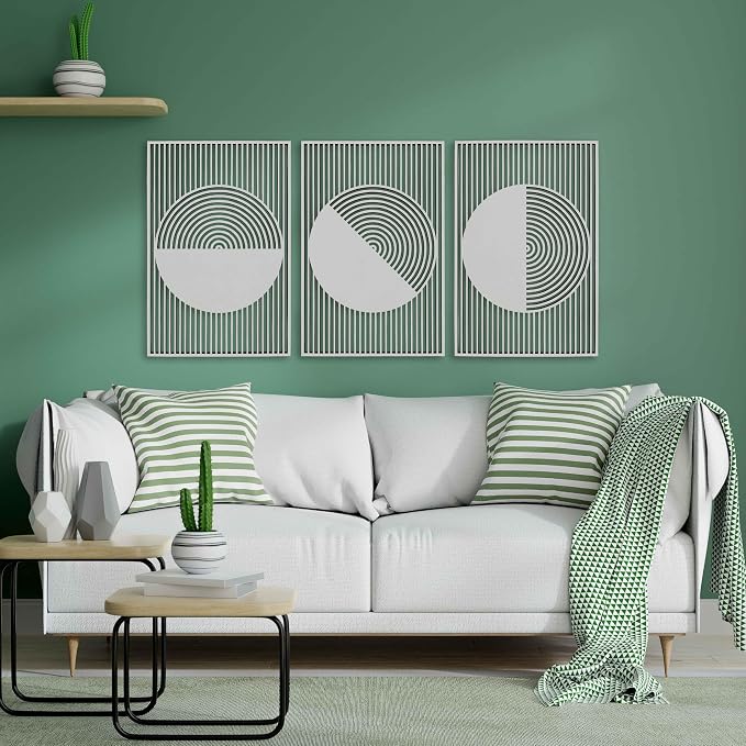 Abstract Boho Wood Wall Art Set of 3, Geometric Wooden Circle Panels, Mid Century Modern Designer Decor, Large Statement Housewaming Gift for Living Room and Bedroom