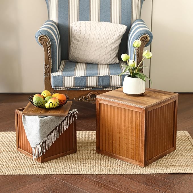 COLLECTIVE HOME - Wood Storage Ottoman, Rustic Storage Stool, 2 Pack Cube Seat Foot Rest Stool, Accent Side Table, Metal Storage Bin for Living Room Furniture, 16"/12" (Wood, Corrugated Metal)