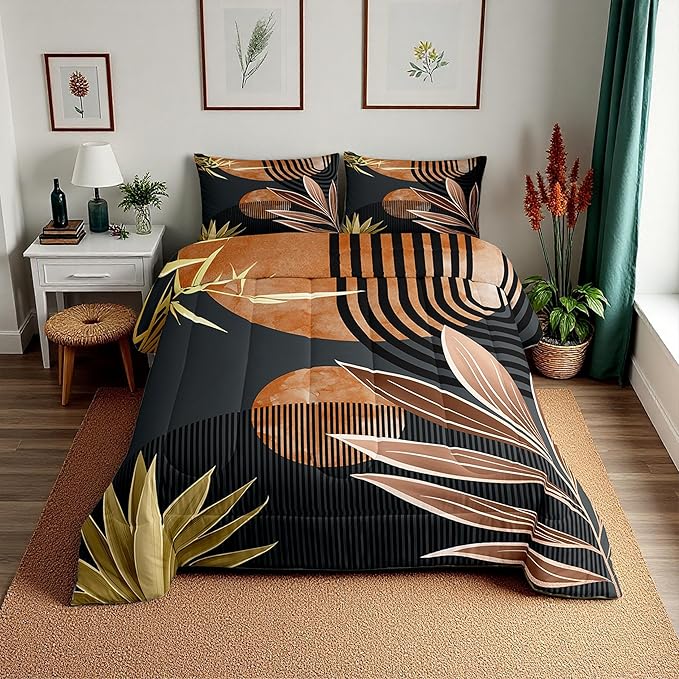 Erosebridal Boho Mid Century Comforter Set Full Modern Minimalist Simplistic Bedding Set,Retro Geometric Aesthetic Down Comforter Line Art Duvet Insert Circle Stripes Decor,Brown Black