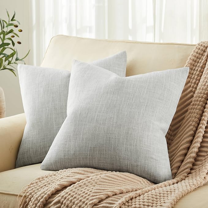 ZeeMart Rustic Cotton Linen Throw Pillow Covers Set of 2, 20x20 Inch Light Grey, Farmhouse Style Decorative Couch Pillow Cases Cushion Covers for Sofa Bed Living Room Home Decor
