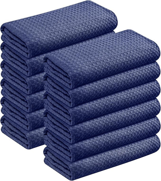Waffle Weave Dish Towels 12 Pack, 16x26 Inches, Quick Dry Towels for Kitchen, Reusable, Absorbent Wash Cloths Set, Washable Fabric, Heavy Duty for Daily Use - Indigo Blue