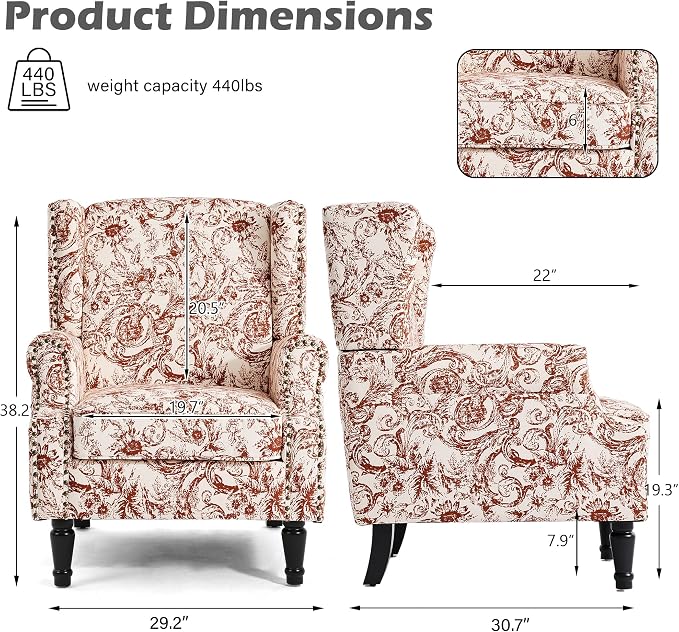 High Back Floral Accent Chair, Fabric Wingback Chair Upholstered Armchair for Living Room - Rococo Orange