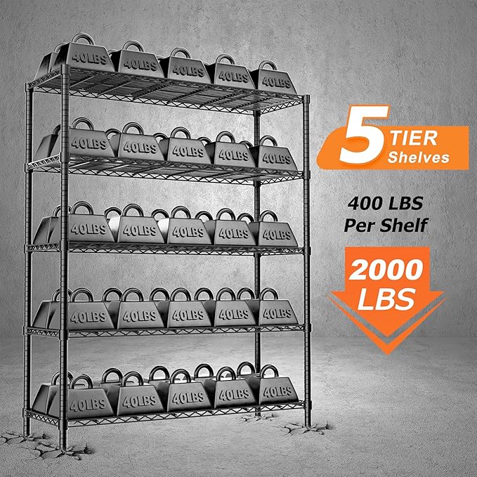 Storage Shelves Heavy Duty, 45" W x 20" D x 72" H Garage Shelving Unit Loads 2000LBS, 5-Tier Adjustable Metal Utility Rack, Wire Shelf for Kitchen, Laundry Room, Pantry, Warehouse, Basement