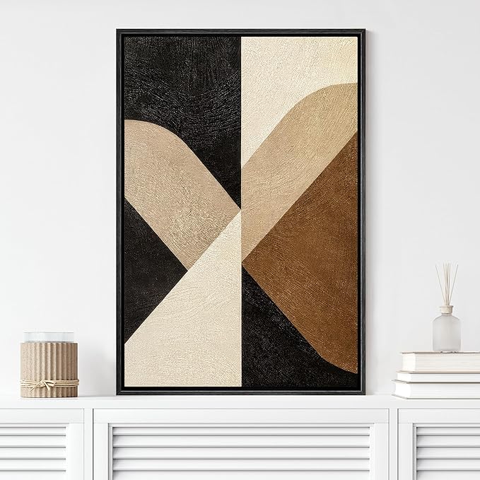 MUDECOR Framed Canvas Print Wall Art Neutral Geometric Texture Abstract Black Brown Beige Shapes Illustrations Fine Art Decorative Zen Multicolor Country/Farmhouse Retro for Bedroom - 16"x24" BLACK