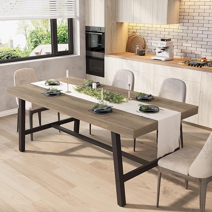 GarveeHome Industrial Dining Table for 6-8 People, 70.87" Long Wooden Kitchen Table with Sturdy Metal Frame & Pear Finish, Seats 6 Rectangular Counter for Dinner, Kitchen, Dining Room-Rustic Pear
